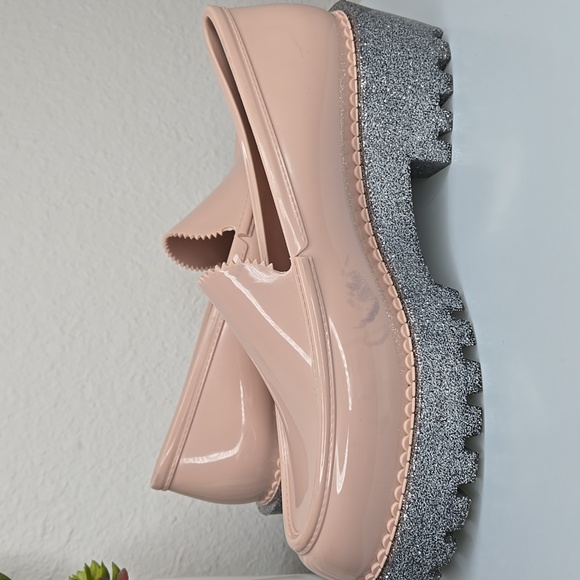 Melissa Blush Silver Glitter Platform Jelly Loafers Size 8 - Picture 11 of 12